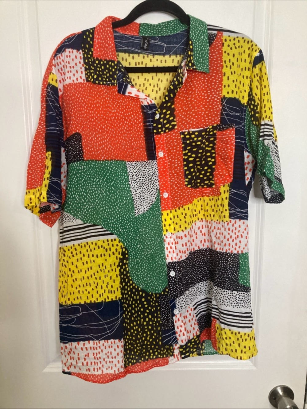 Incerun Mens Button Shirt Geometric Patchwork 100% Cotton Sz XL